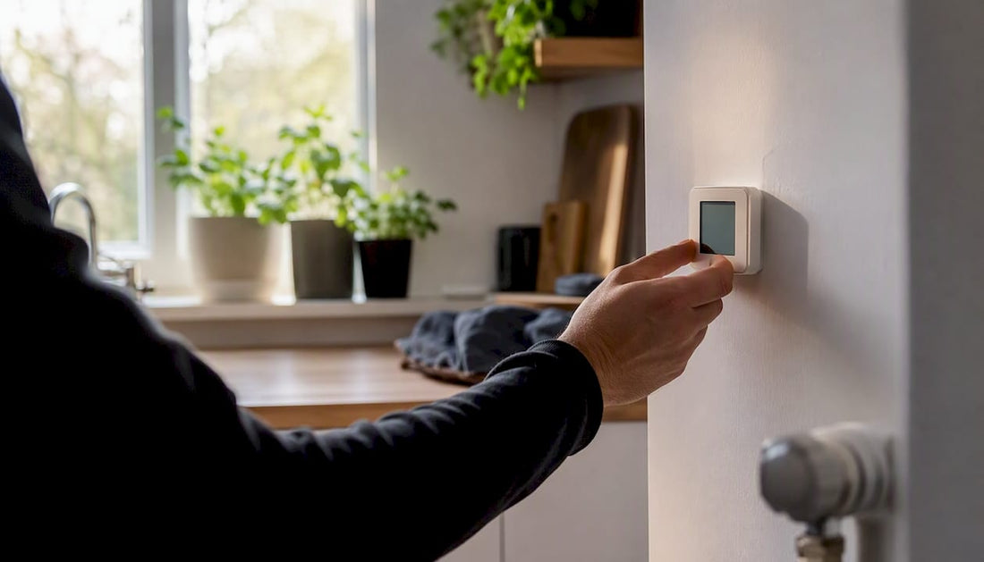 Hand adjusting smart thermostat on wall