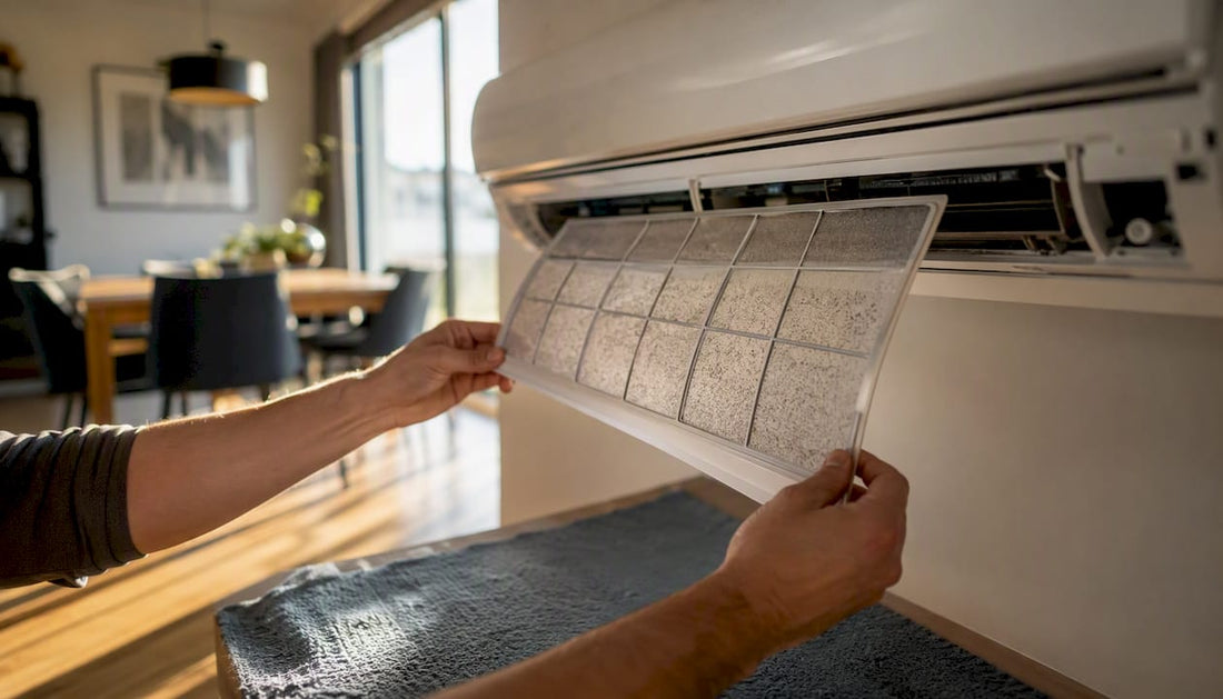 Hands removing AC filter from home unit