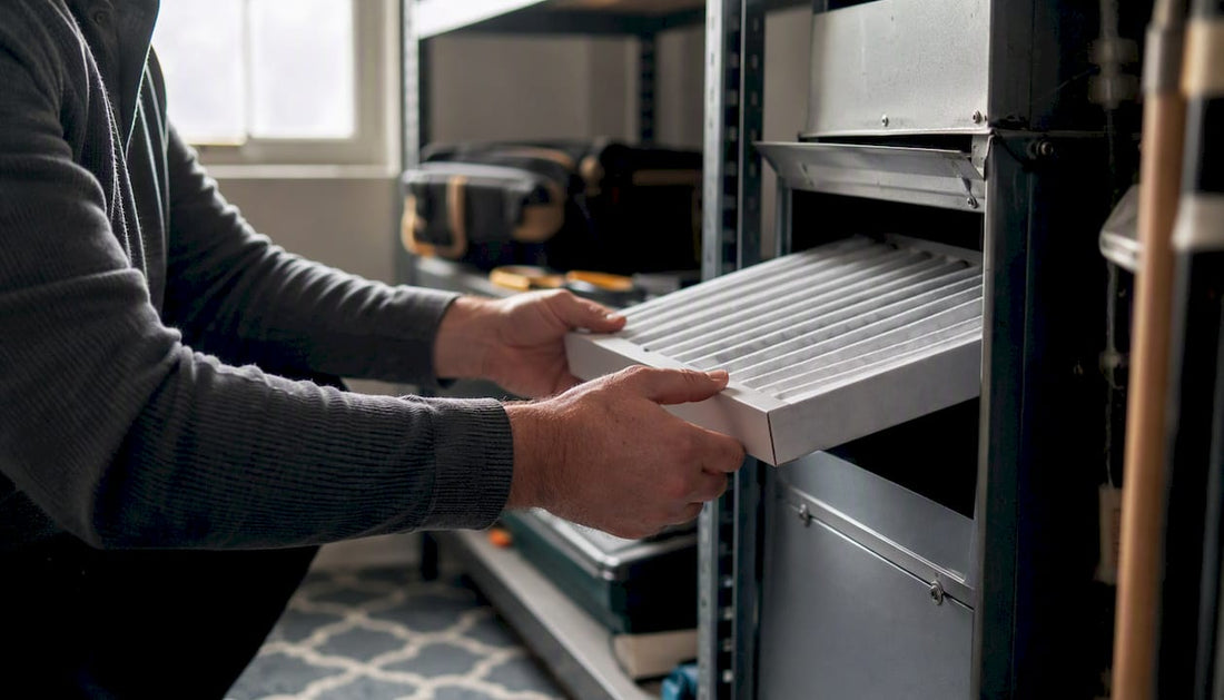 Hands removing HVAC air filter in utility closet