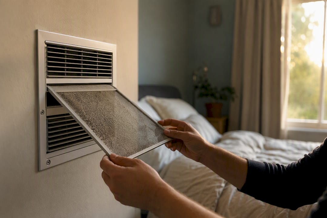 Hand removing air vent filter indoors