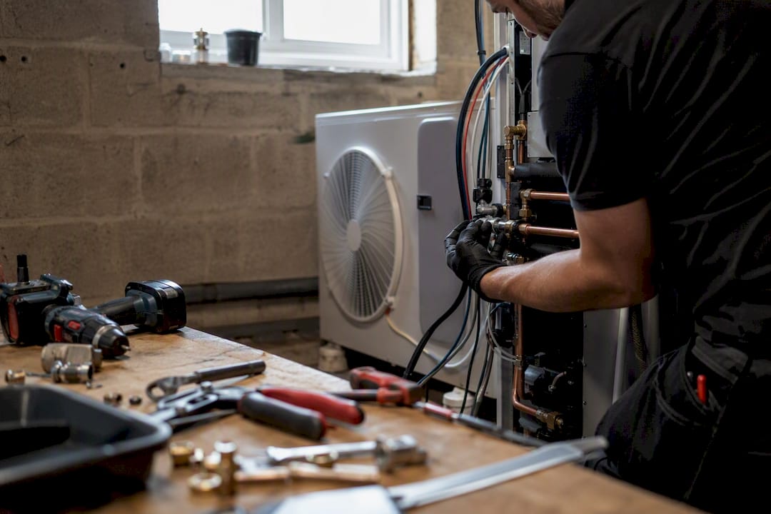 Technician installing heat pump pipes
