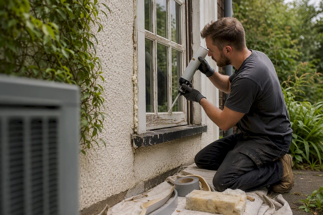 Hands sealing gaps around home window frame
