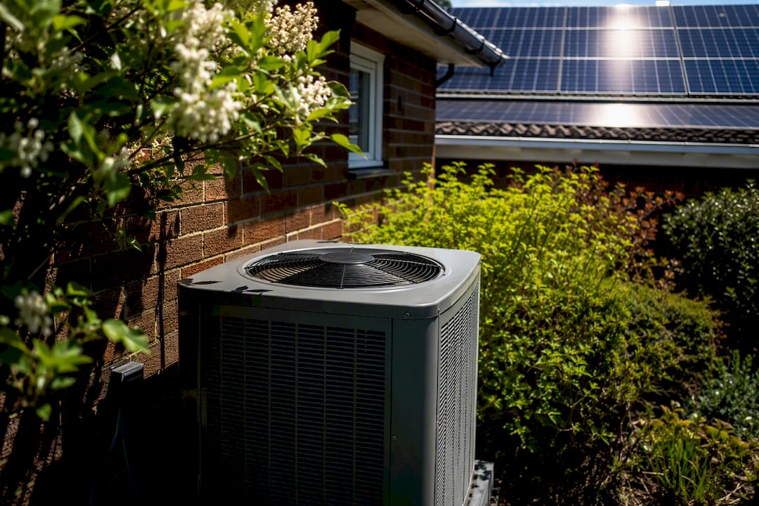 Outdoor AC unit with solar panels on roof