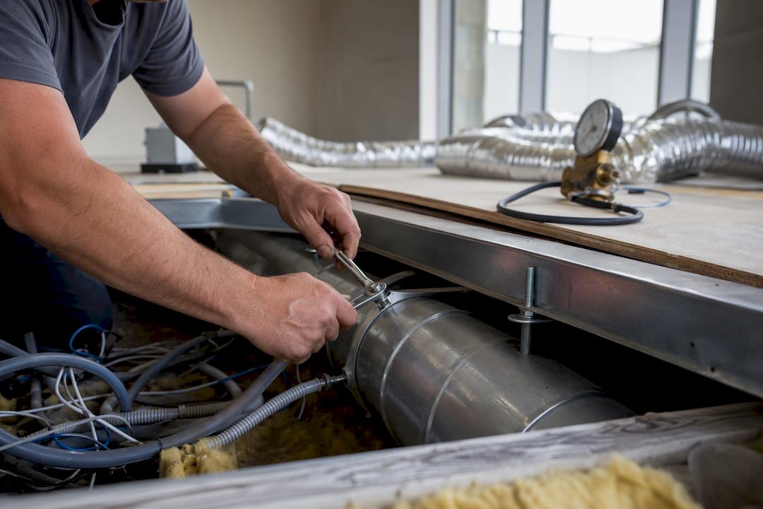 Hands connecting office air conditioning ductwork
