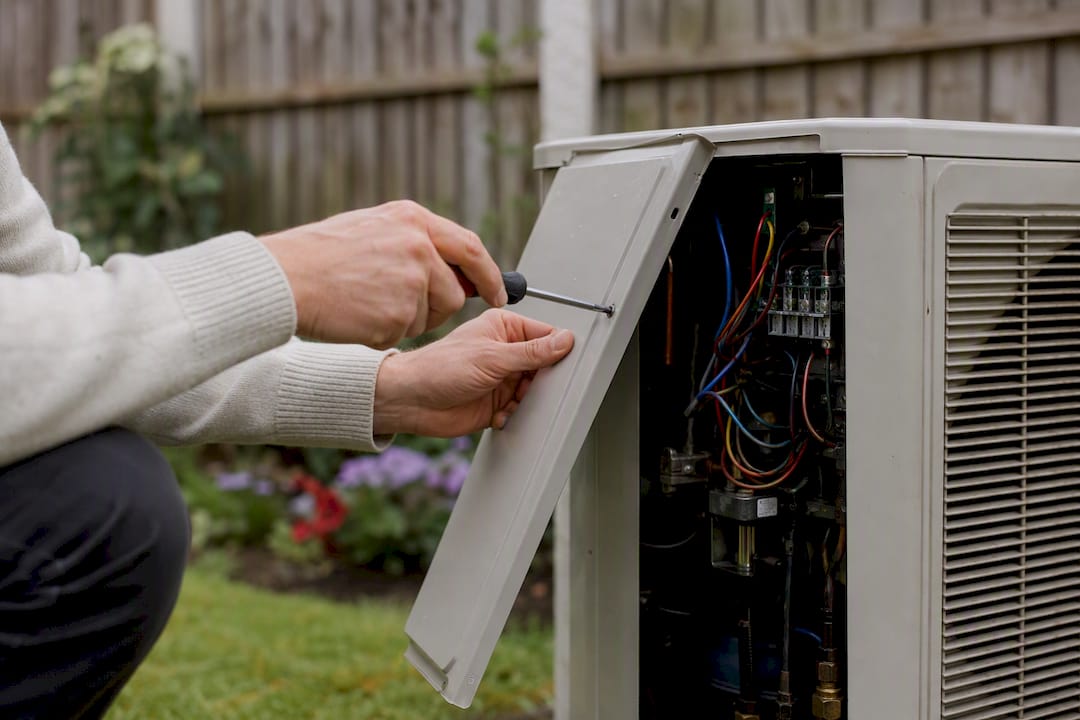 Hands opening outdoor AC unit cover