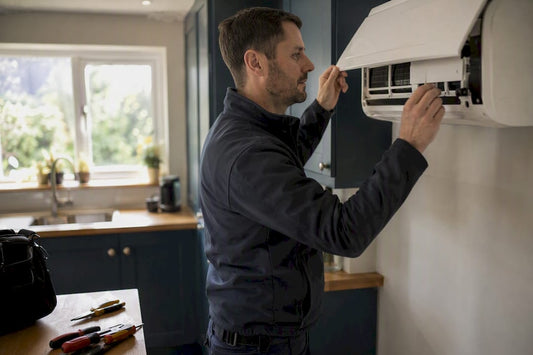 HVAC technician inspecting residential AC unit