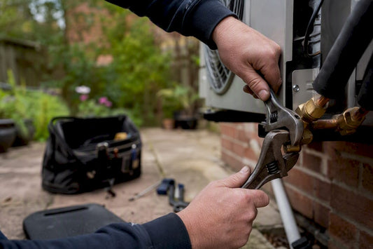 Hands connecting refrigerant pipes on AC condenser