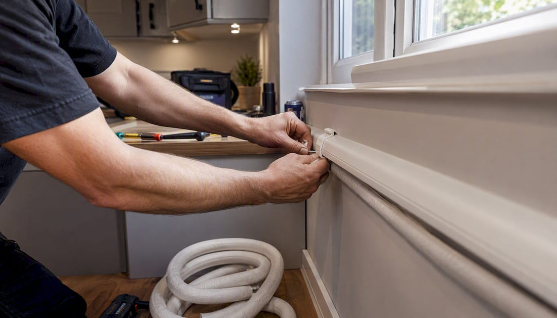 Hands installing insulated aircon pipe trunking