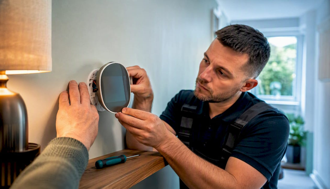Technician checking thermostat wall wiring
