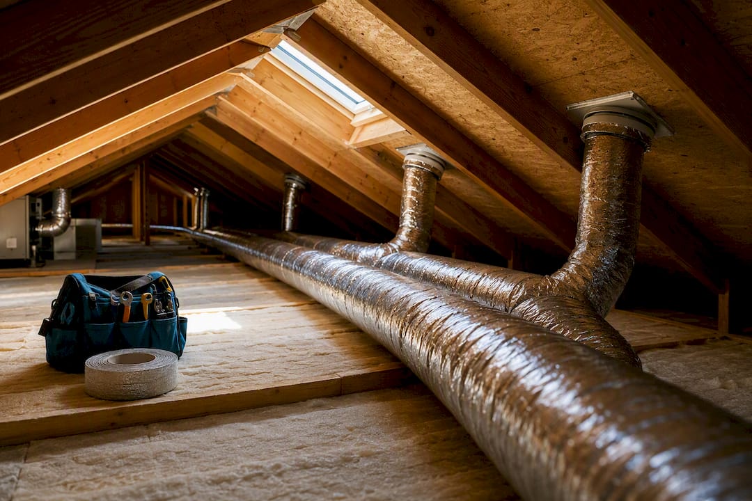 Insulated ductwork running through residential attic
