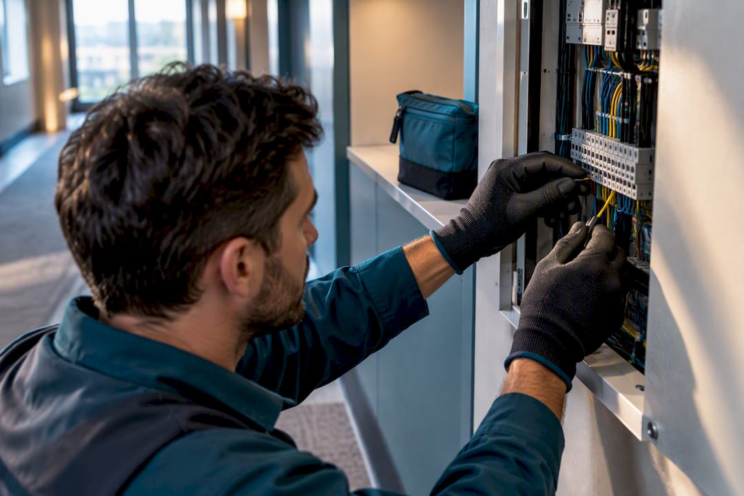 Engineer checking commercial HVAC control wiring