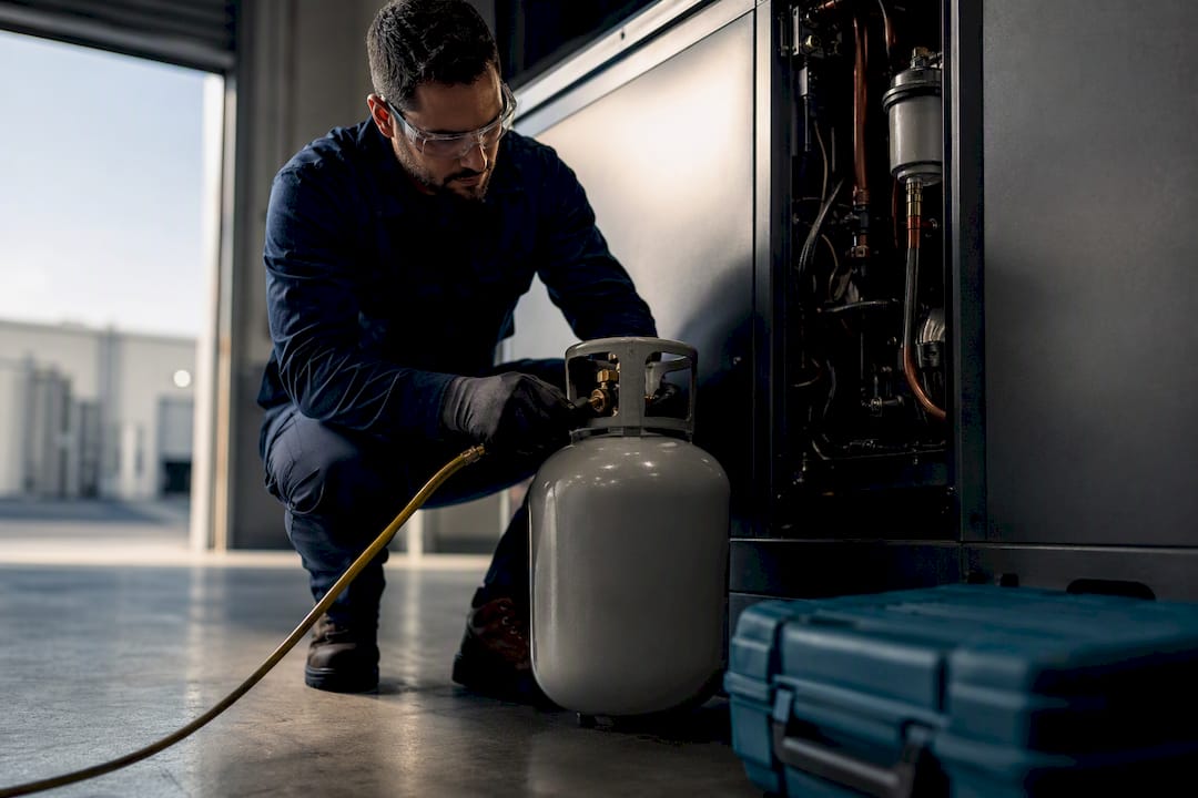 Technician recovering refrigerant beside commercial equipment