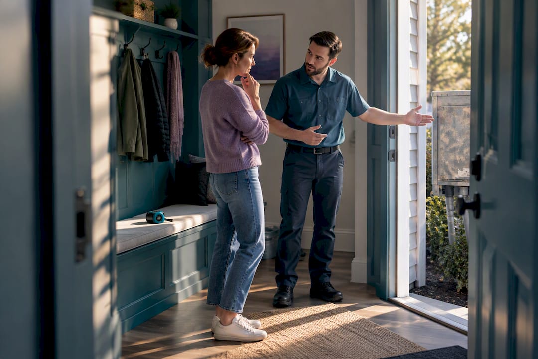 Homeowner discussing AC replacement with technician