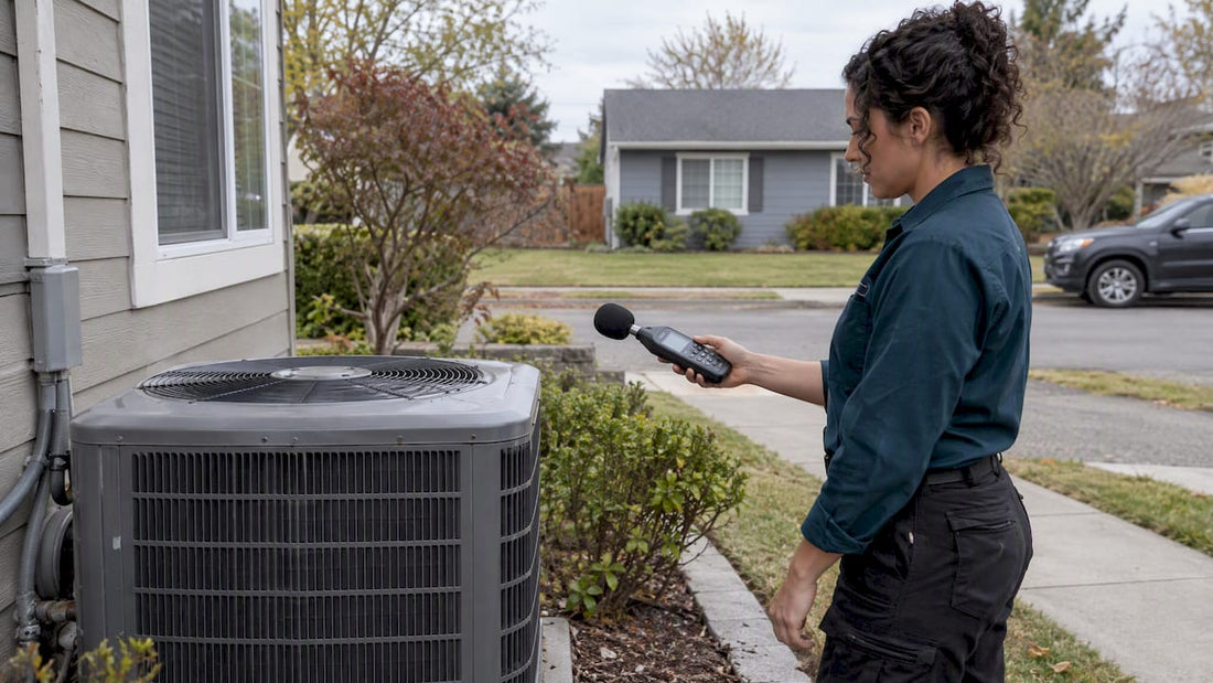 Technician measuring condenser noise at property line