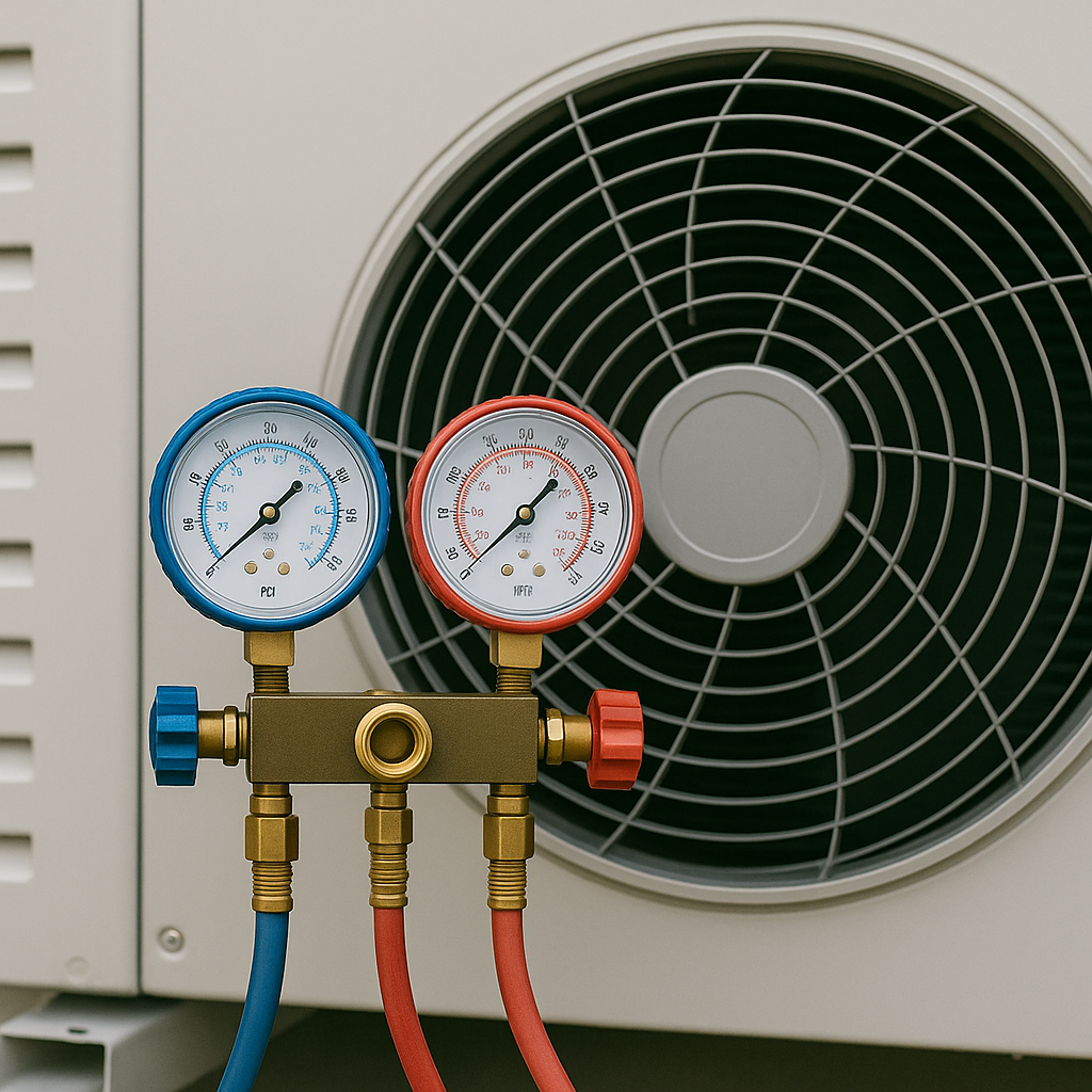 Air conditioning diagnostic gauges connected to an outdoor condenser unit, illustrating Akita AC servicing equipment
