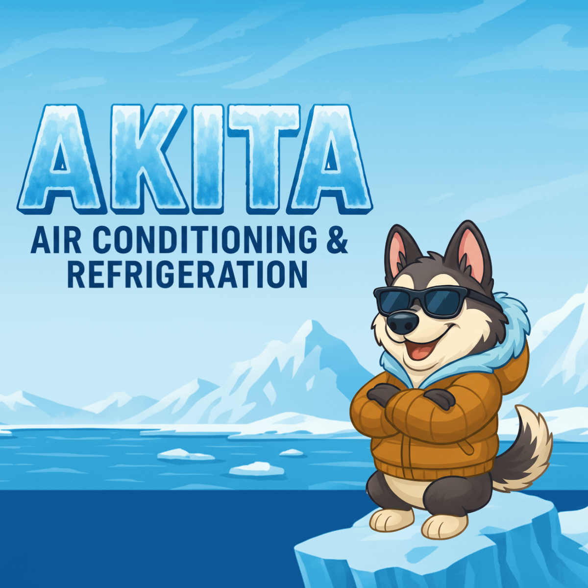 Akita AC cartoon dog mascot wearing sunglasses and a coat standing on an ice floe with 'Akita Air Conditioning & Refrigeration' text against a mountain and sky background, representing cooling services in Suffolk and Essex