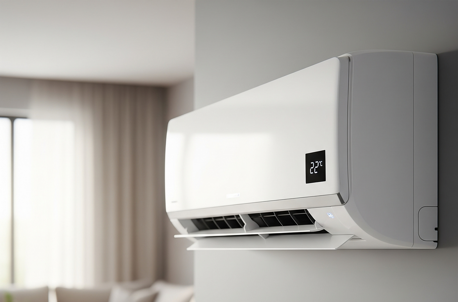 Modern wall-mounted air conditioning unit installed in a home interior, illustrating Akita AC installations in Suffolk and Essex for energy-efficient cooling