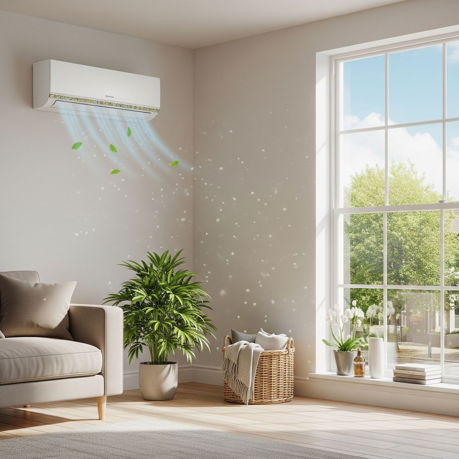 Modern living room with wall-mounted air conditioning unit above sofa, releasing cool air, large window and indoor plant, illustrating Akita AC home installations in Suffolk and Essex