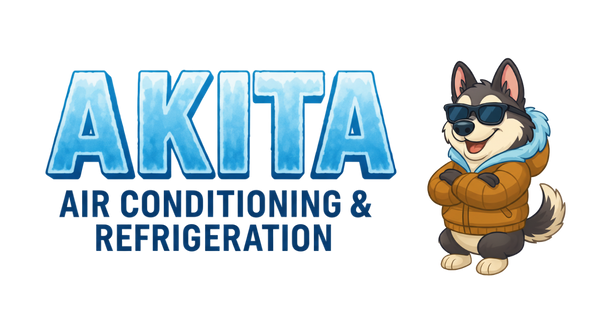 Akita AC dog mascot wearing sunglasses and jacket representing the air conditioning and refrigeration brand