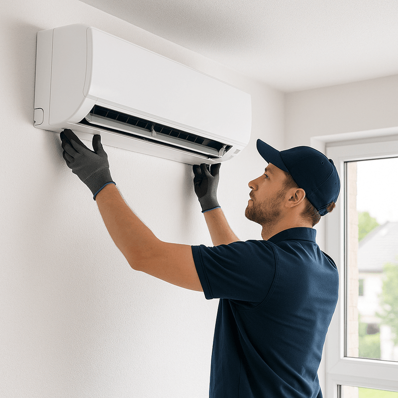 Akita AC technician installing a wall-mounted air conditioning unit