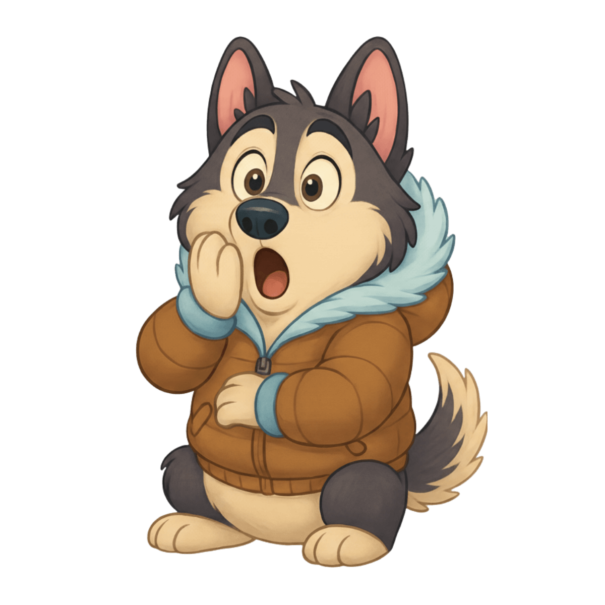Akita Air Conditioning cartoon husky mascot wearing brown hooded jacket on transparent background