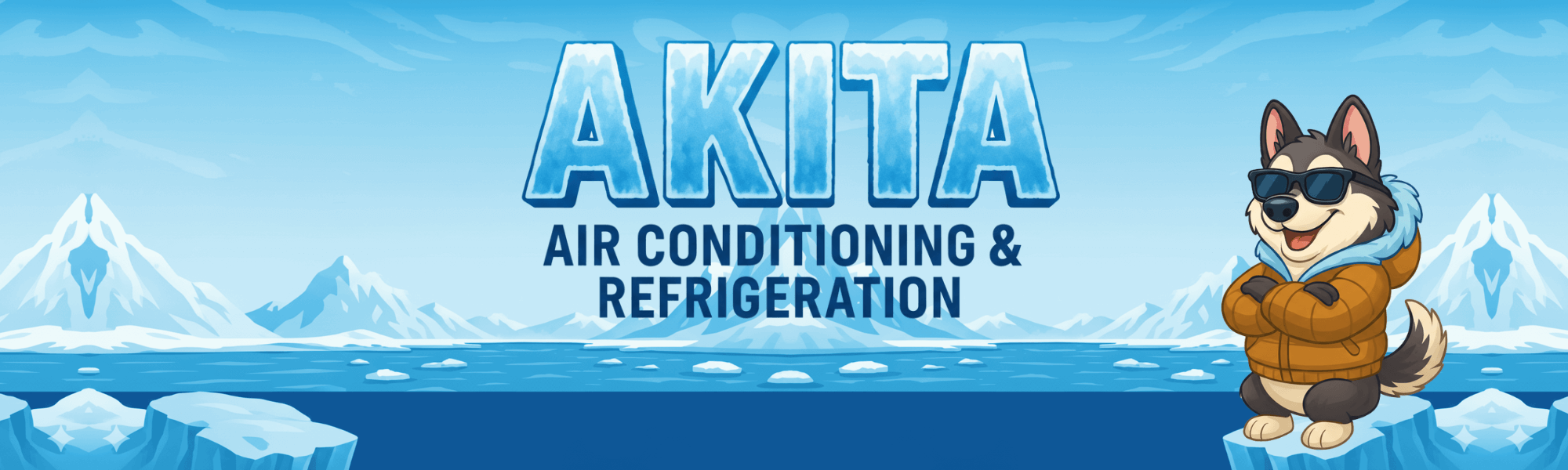 Akita Air Conditioning & Refrigeration winter banner with cartoon husky wearing brown winter coat and sunglasses standing on snowy ice floe against blue Arctic mountains