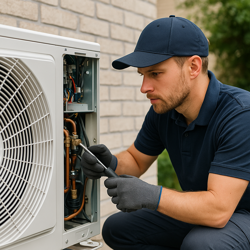Akita AC technician servicing an outdoor air conditioning condenser unit with screwdriver