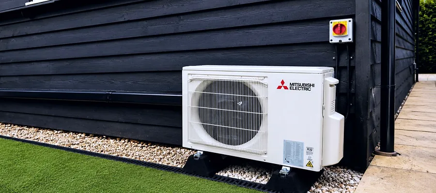 A Mitsubishi Electric outdoor unit we fitted against dark timber cladding